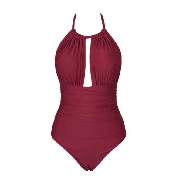 Cupshe Red Halter One Piece Swimsuit Tummy Control - Picture 4 of 7